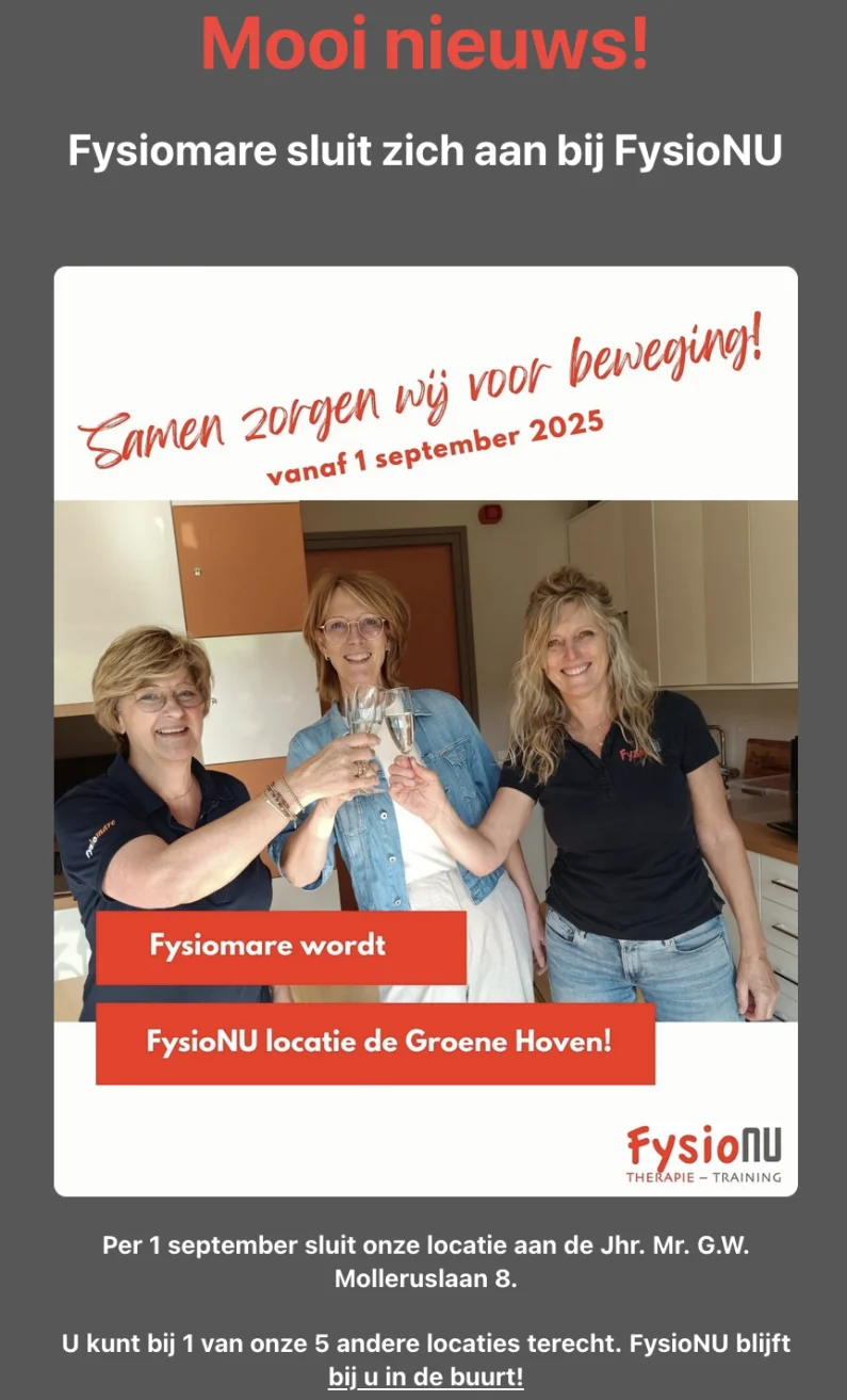 Fysiomare wordt FysioNU locatie de Groene Hoven